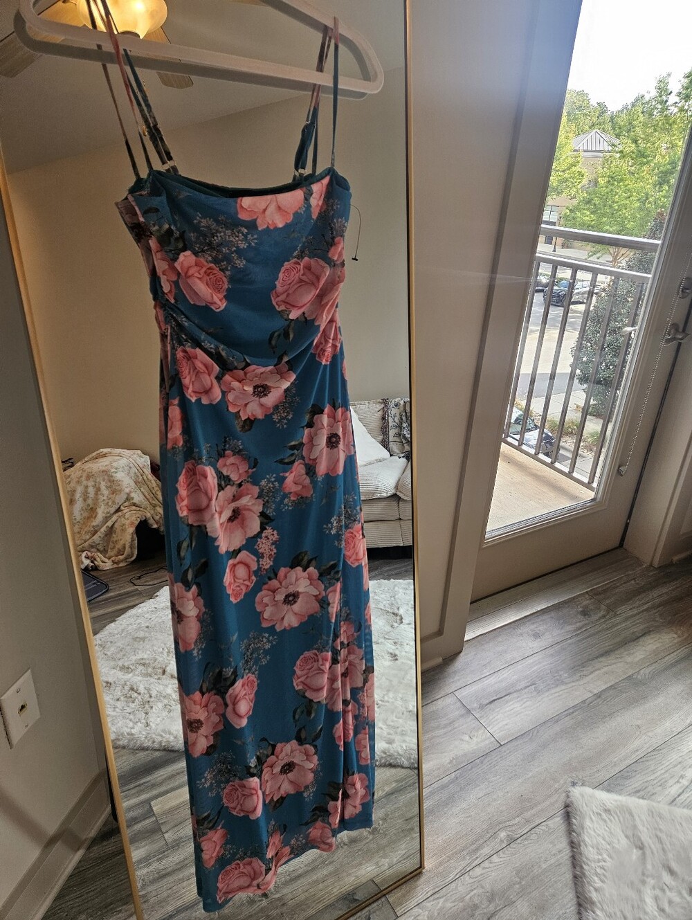 Vici Teal Maxi Slip Dress with Pink Rose Print